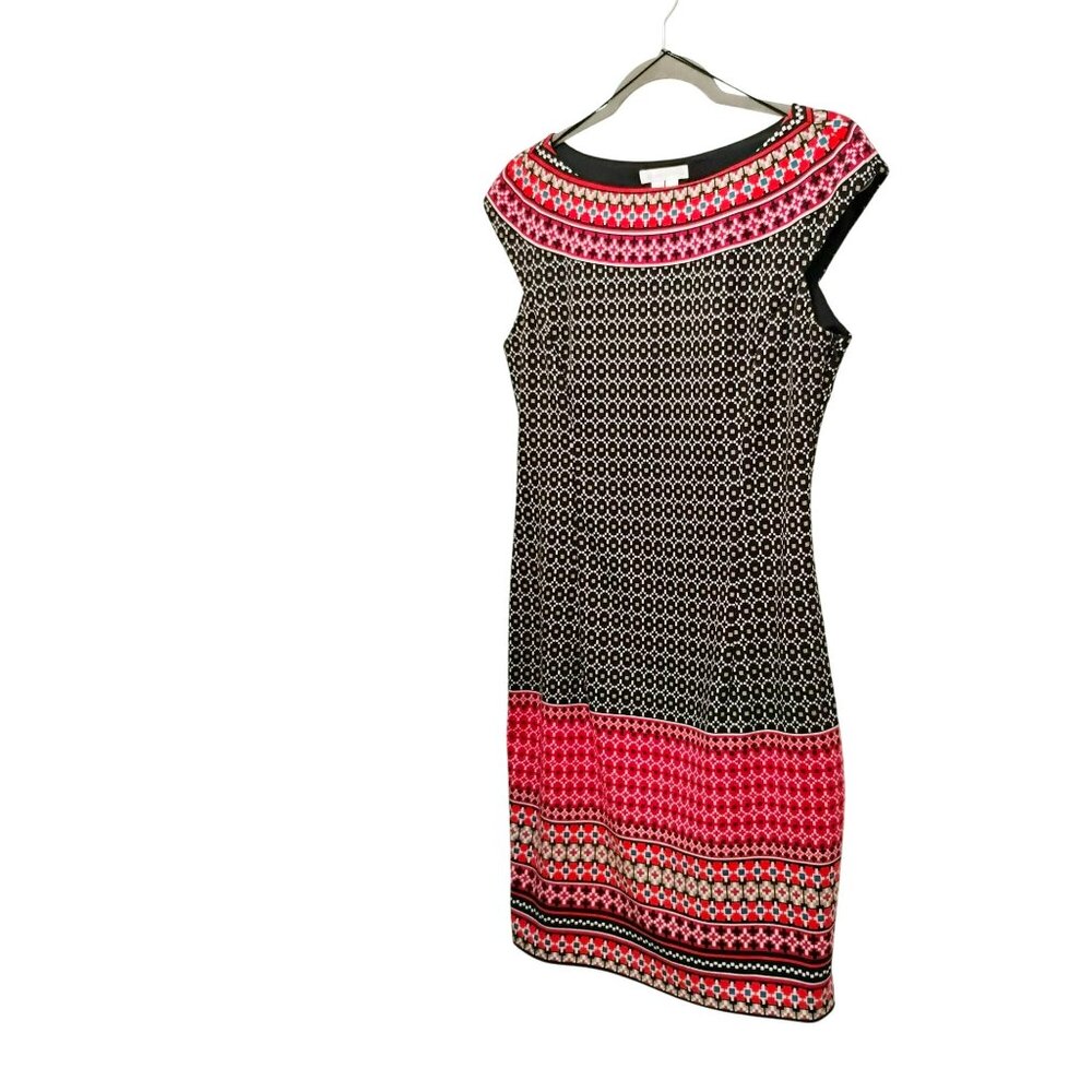 London Times Geometric Pattern Sheath Dress Size 10 Black Red Pink Side Zip